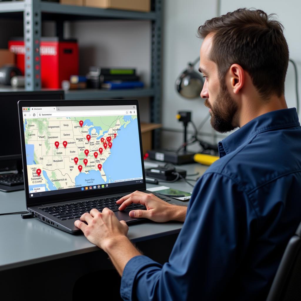 Mechanic using a laptop to search for a car body repair shop