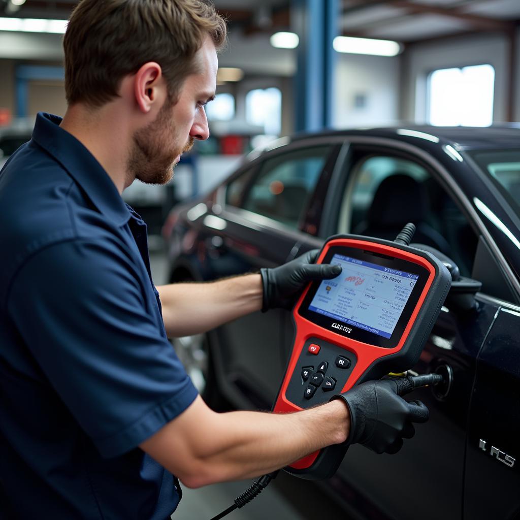 Mechanic Using Car Diagnostic Tool CAD 141 in Repair Shop