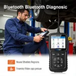 A mechanic uses a ctech elm327 obd2 interface tool to diagnose a car problem in a professional workshop setting.