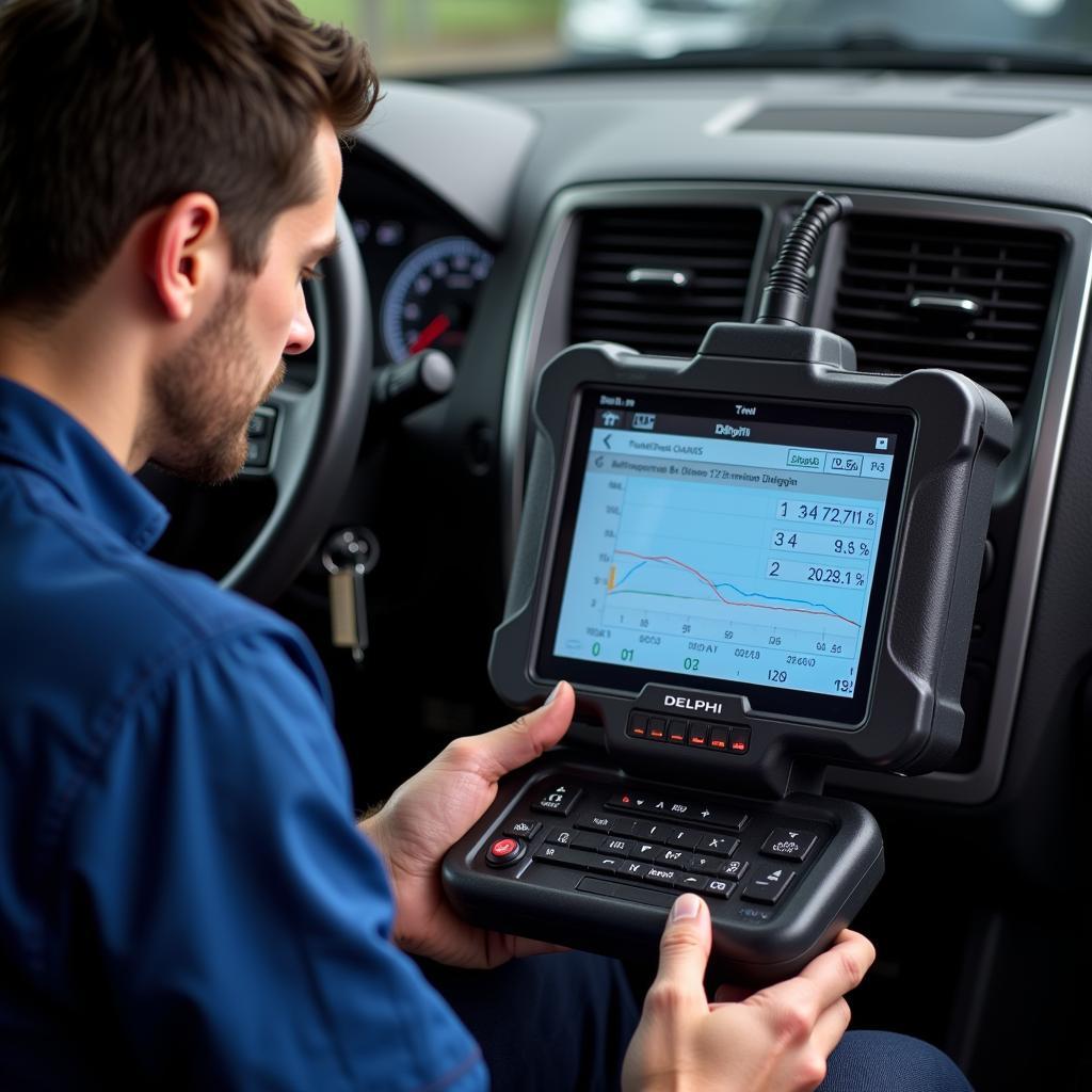 Mechanic Using a Delphi Diagnostic Machine in a Workshop