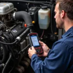 Mechanic Using Delphi DS150 to Diagnose Truck Engine