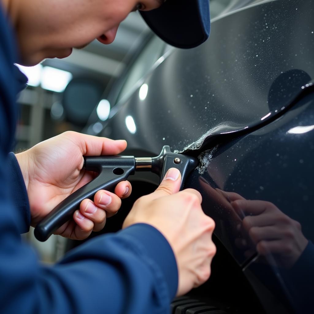 Mechanic Using Dent Puller for Car Body Repair