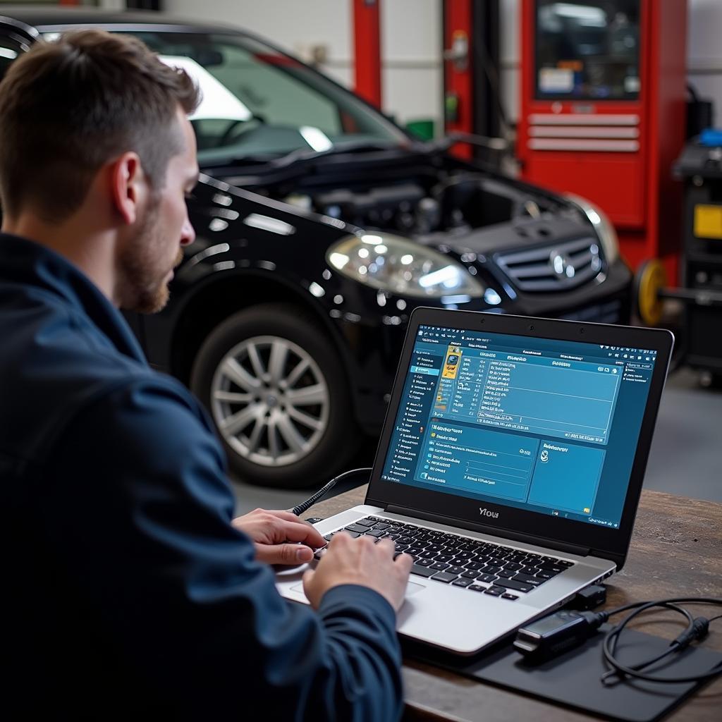 Mechanic using Diagnostic Laptop in a Garage