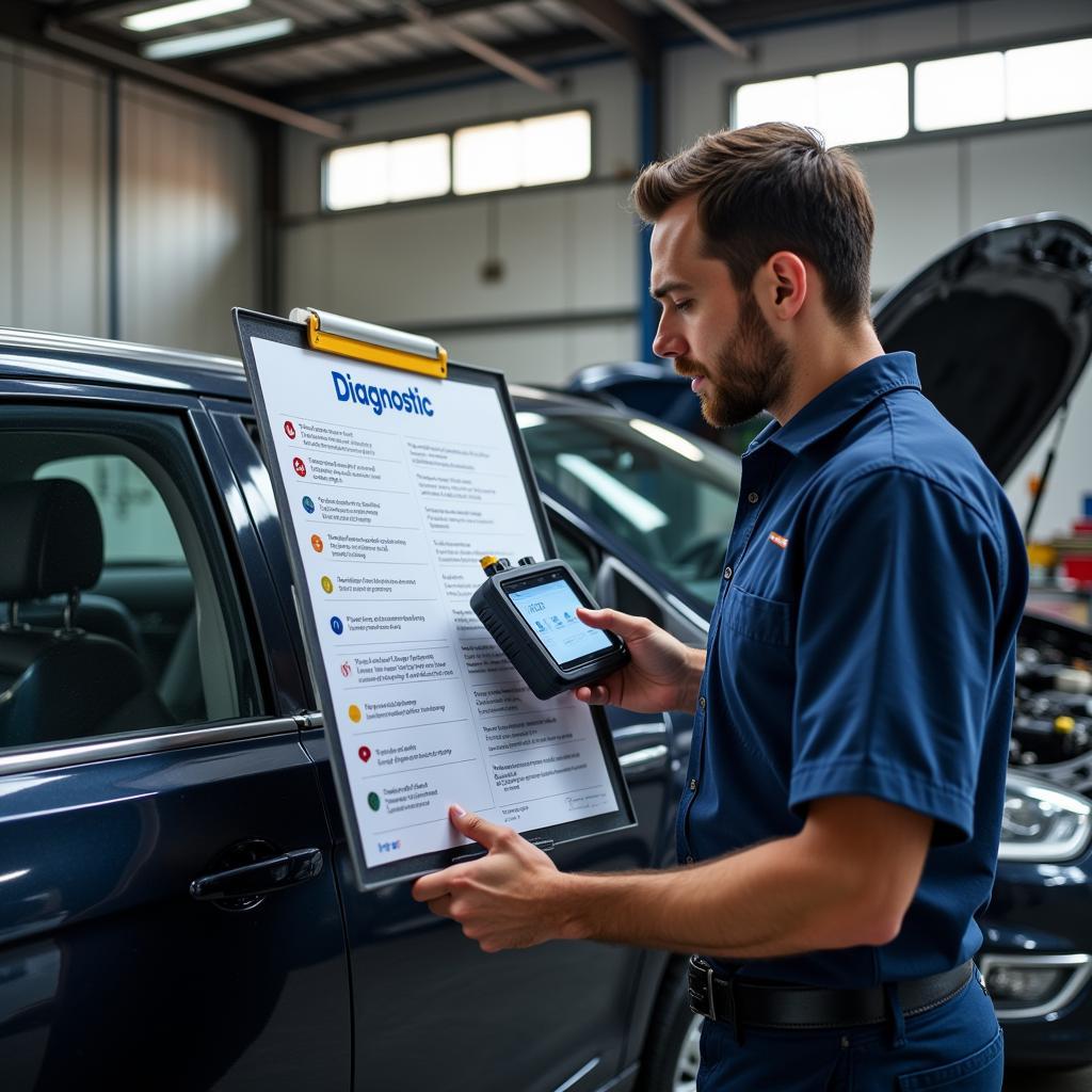 Mechanic Using a Diagnostic Poster