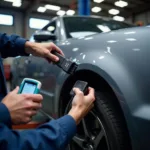 Mechanic using a diagnostic scan tool on a modern car