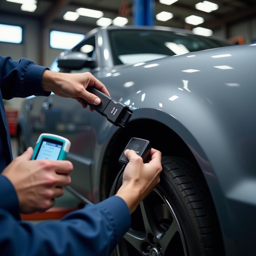 Mechanic using a diagnostic scan tool on a modern car