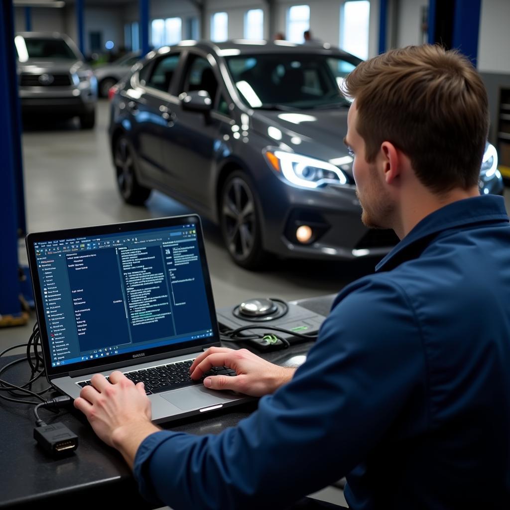 Mechanic Using Diagnostic Software to Troubleshoot a Car