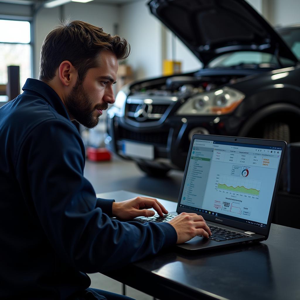 Mechanic Using Diagnostic Software on Laptop