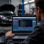 Mechanic Using Diagnostic Software on Laptop to Troubleshoot Car Issues