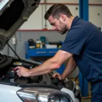 Mechanic Using Diagnostic Tool on a Car