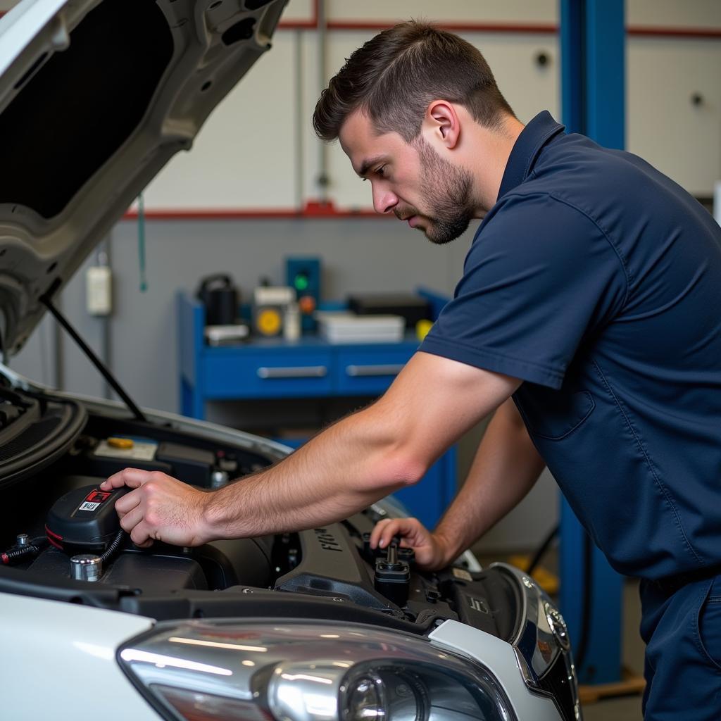 Mechanic Using Diagnostic Tool on a Car