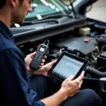 Mechanic Using Diagnostic Tool on a Car