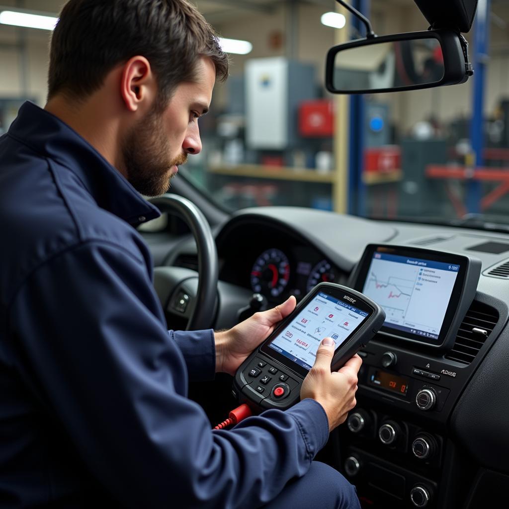 Mechanic Using a Smart Car Diagnostic Tool to Diagnose a Car Problem