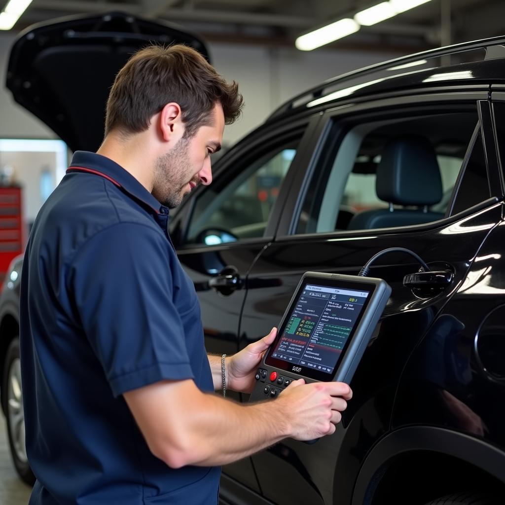 Mechanic Using Diagnostic Tool in Workshop