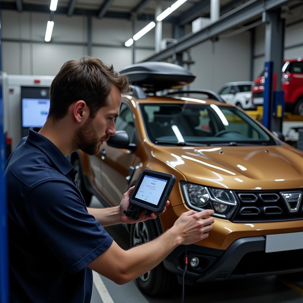 Mechanic Using Diagnostic Tool on Dacia Duster