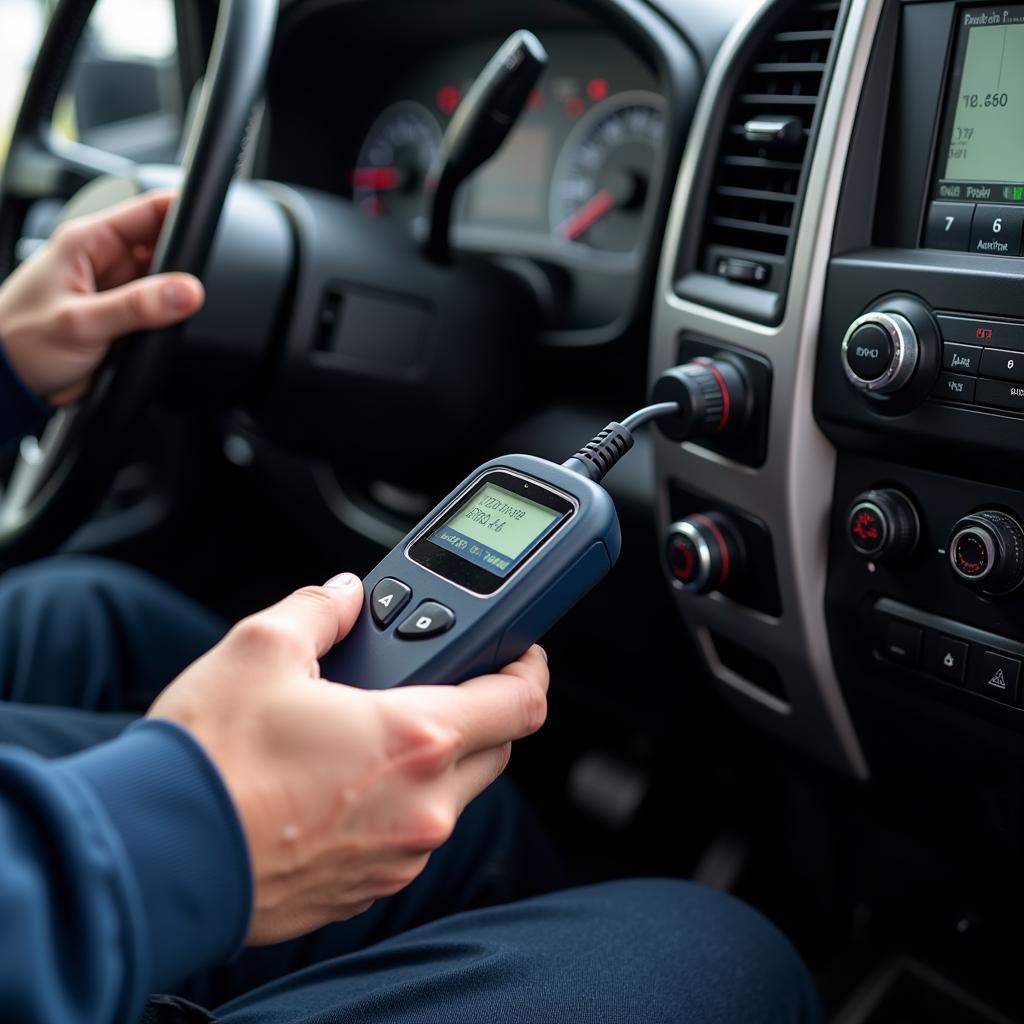 Mechanic Using a Diagnostic Tool on a Truck