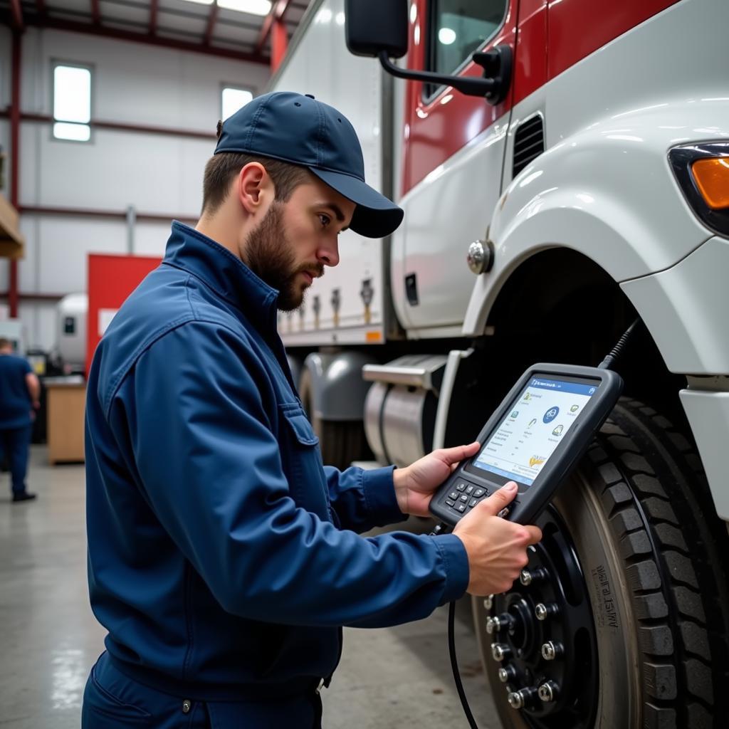 Mechanic diagnosing a truck with a diagnostic tool