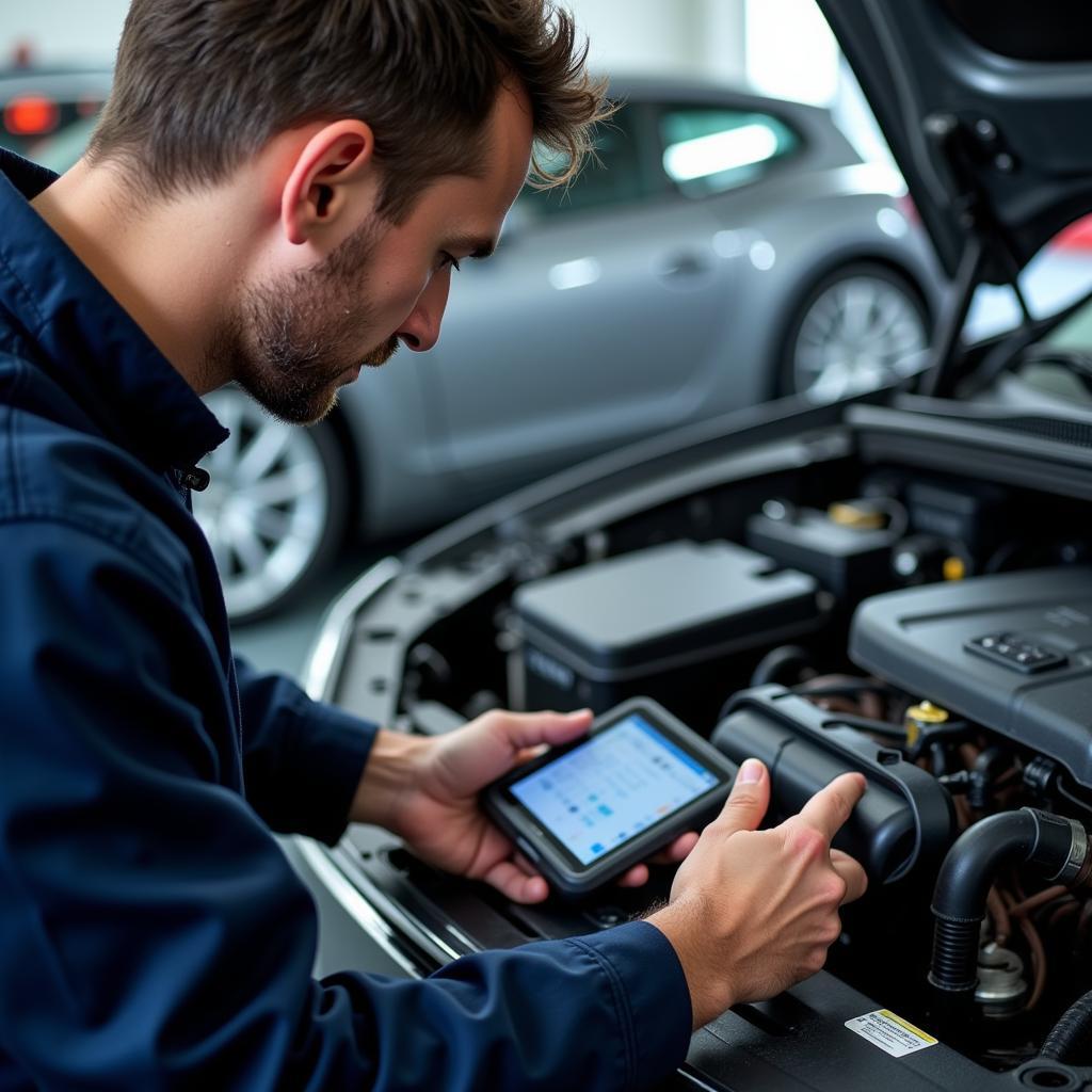 Mechanic using a digital diagnostic tool on a car