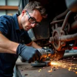 Mechanic Using Grinder on Car Body