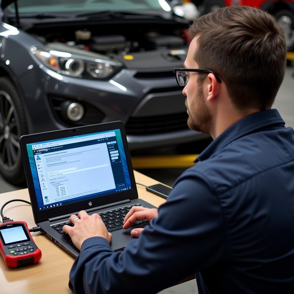 Mechanic Using Laptop for Car Diagnostics