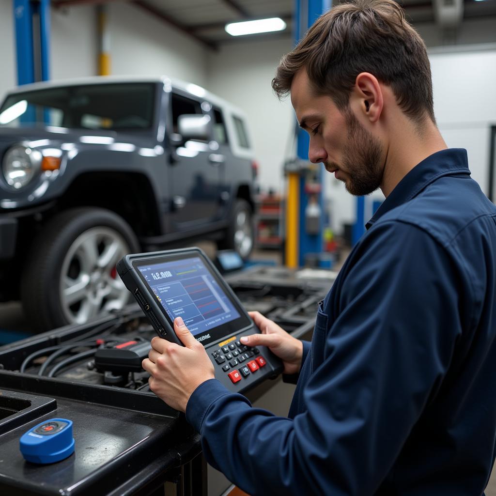 Mechanic using a Launch Diagnostic Tool in a Workshop