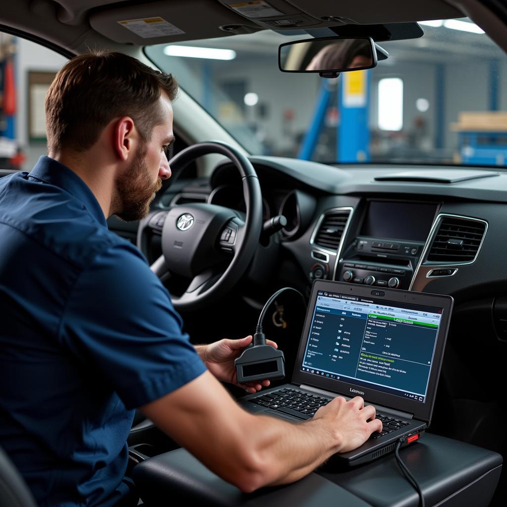 Mechanic using Lenovo laptop for car diagnosis