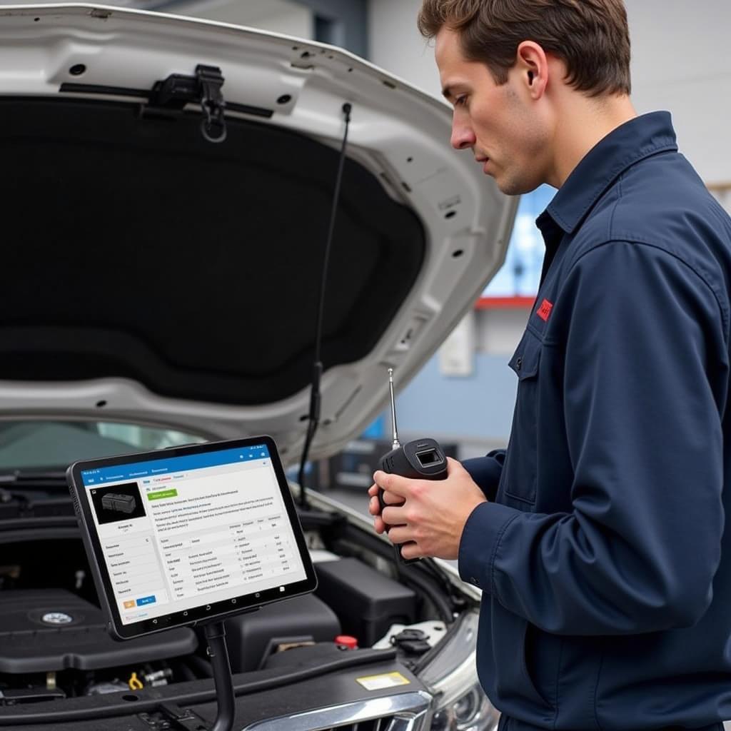 Mechanic using a wireless Malini diagnostic tool on a tablet