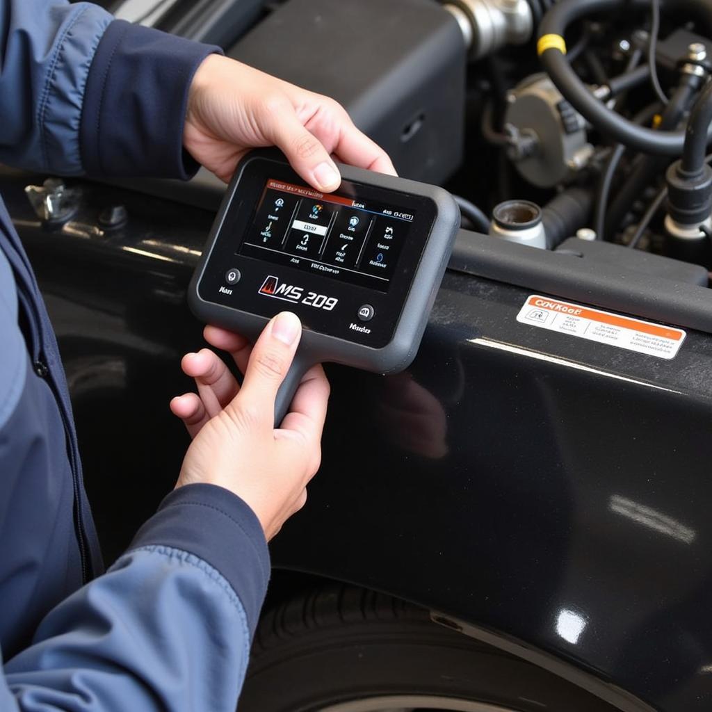 Mechanic using the MS309 OBD2 scanner on a car engine