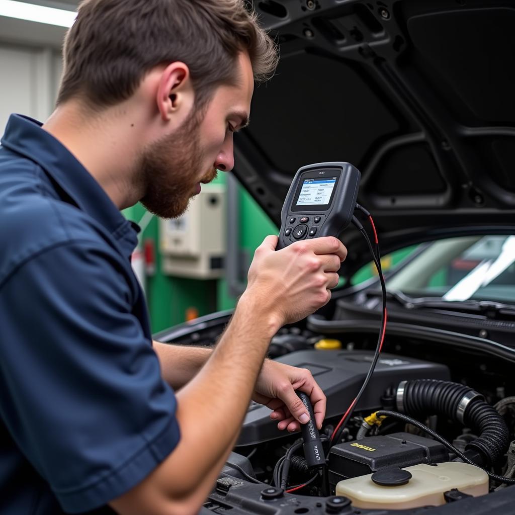 Mechanic Using OBD Scanner on Car Engine