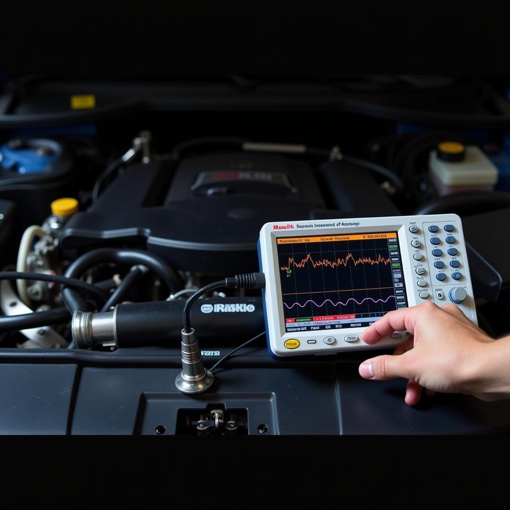 Mechanic using an oscilloscope for diagnosing low impulse value