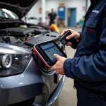 Mechanic Using Professional Diagnostic Scanner