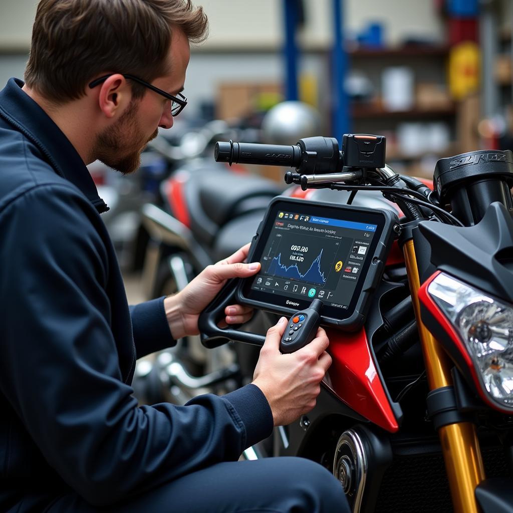 Mechanic Using Professional Scan Tool on Motorcycle