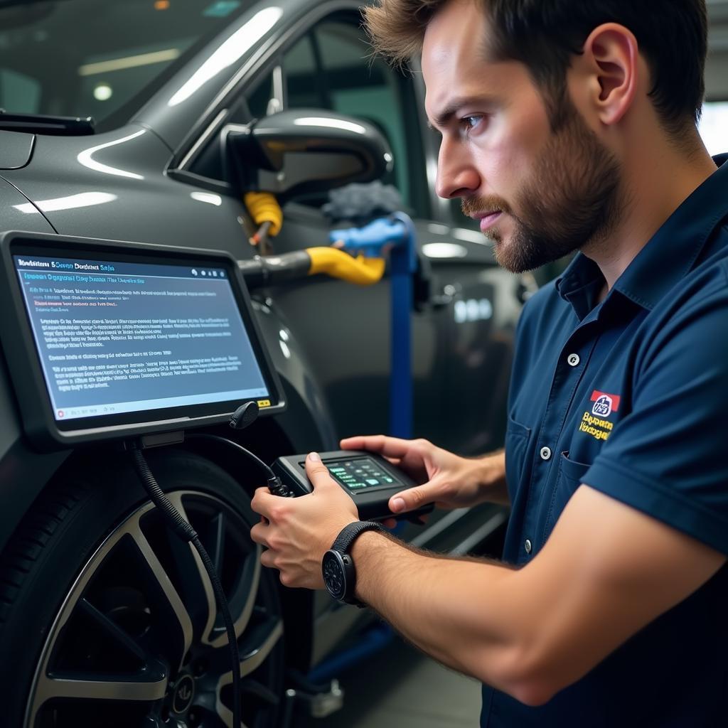 Mechanic Using a Scan Tool to Perform Supreme Car Diagnostics on a Vehicle