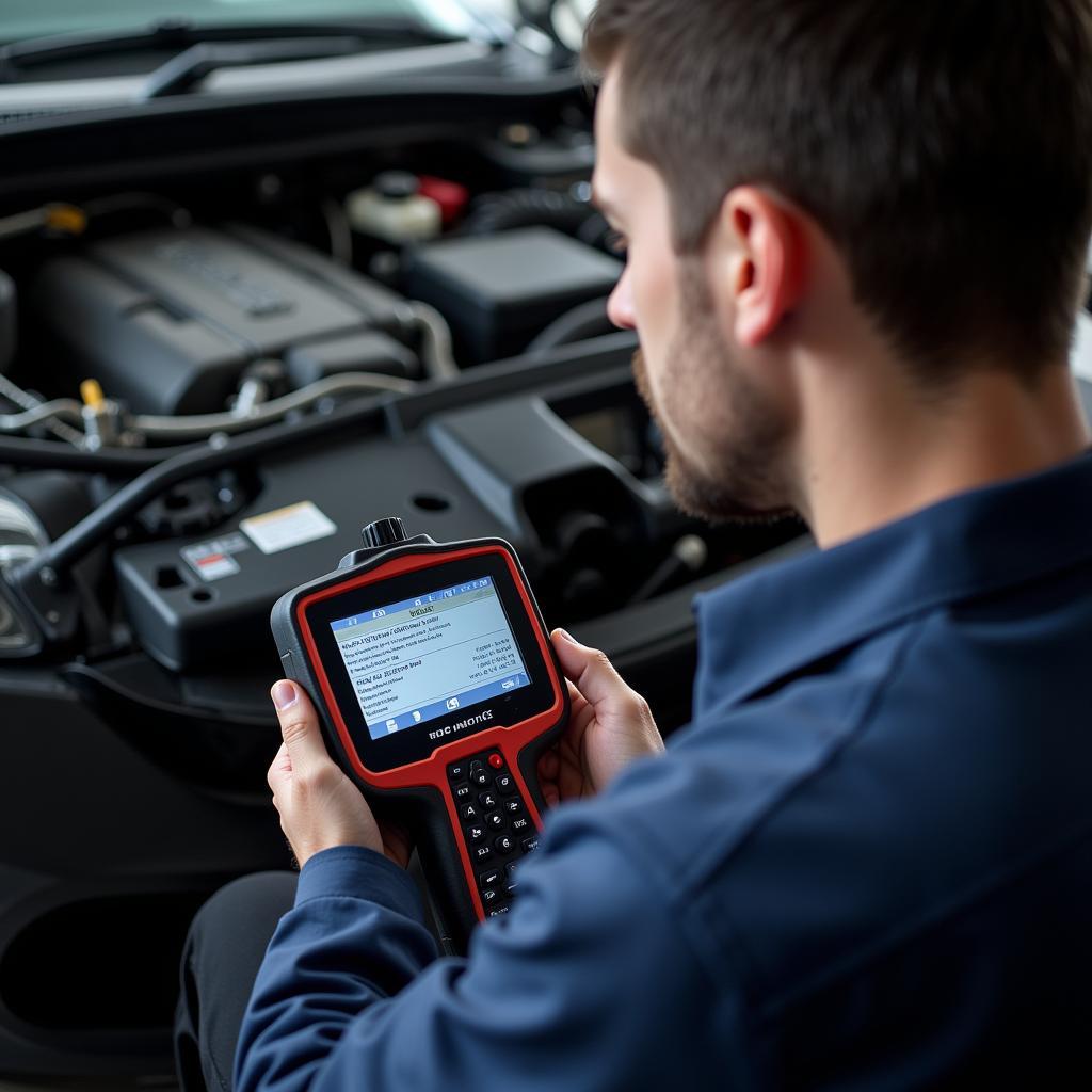 Mechanic Diagnosing a Car Using a Smart Diagnostic Tool