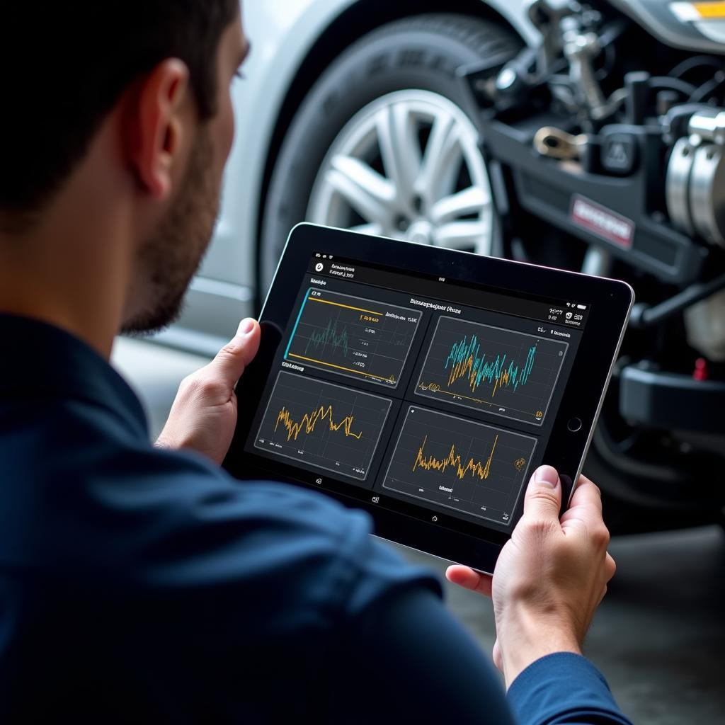 Mechanic Using Tablet for Car Diagnostics