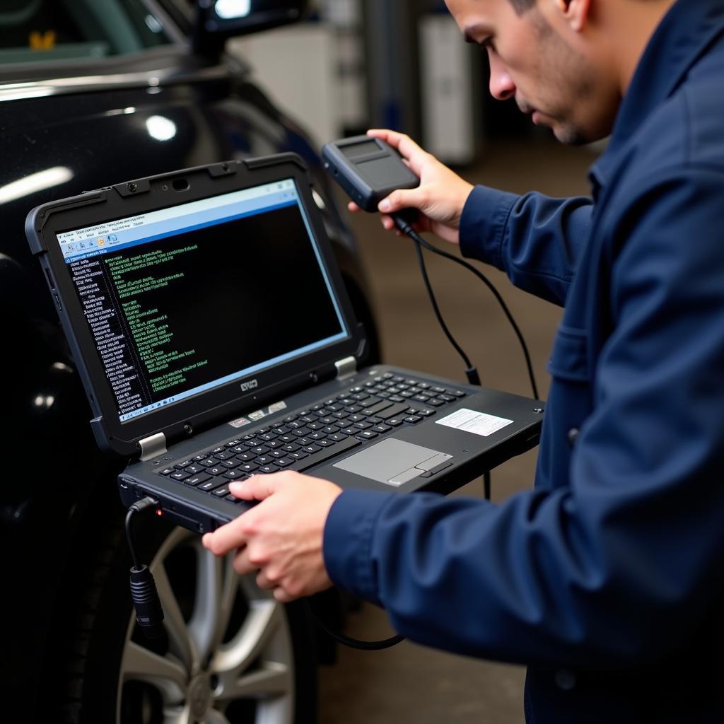 Mechanic Using Toughbook CF19 to Diagnose a Car