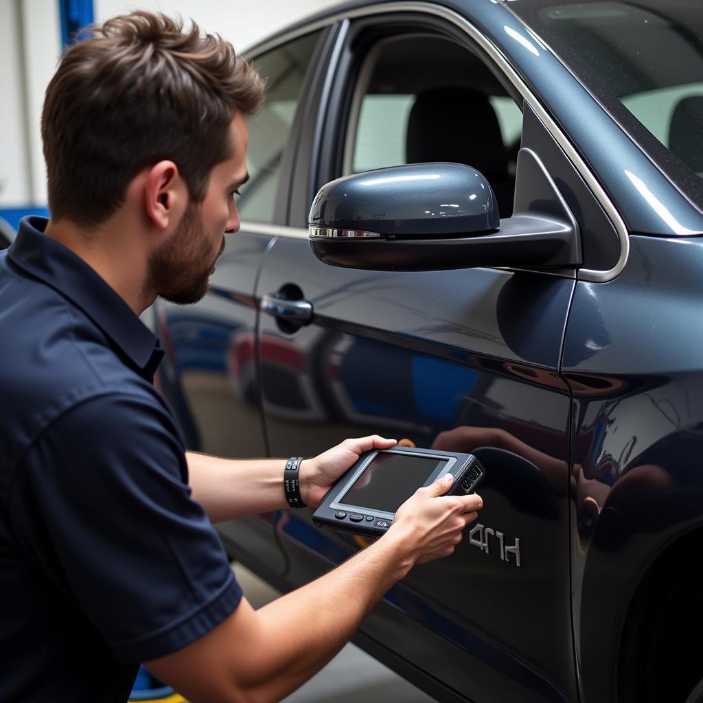 A mechanic using the U480 OBD2 scanner to diagnose a car problem.