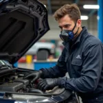 Mechanic wearing a mask while working on a car during lockdown