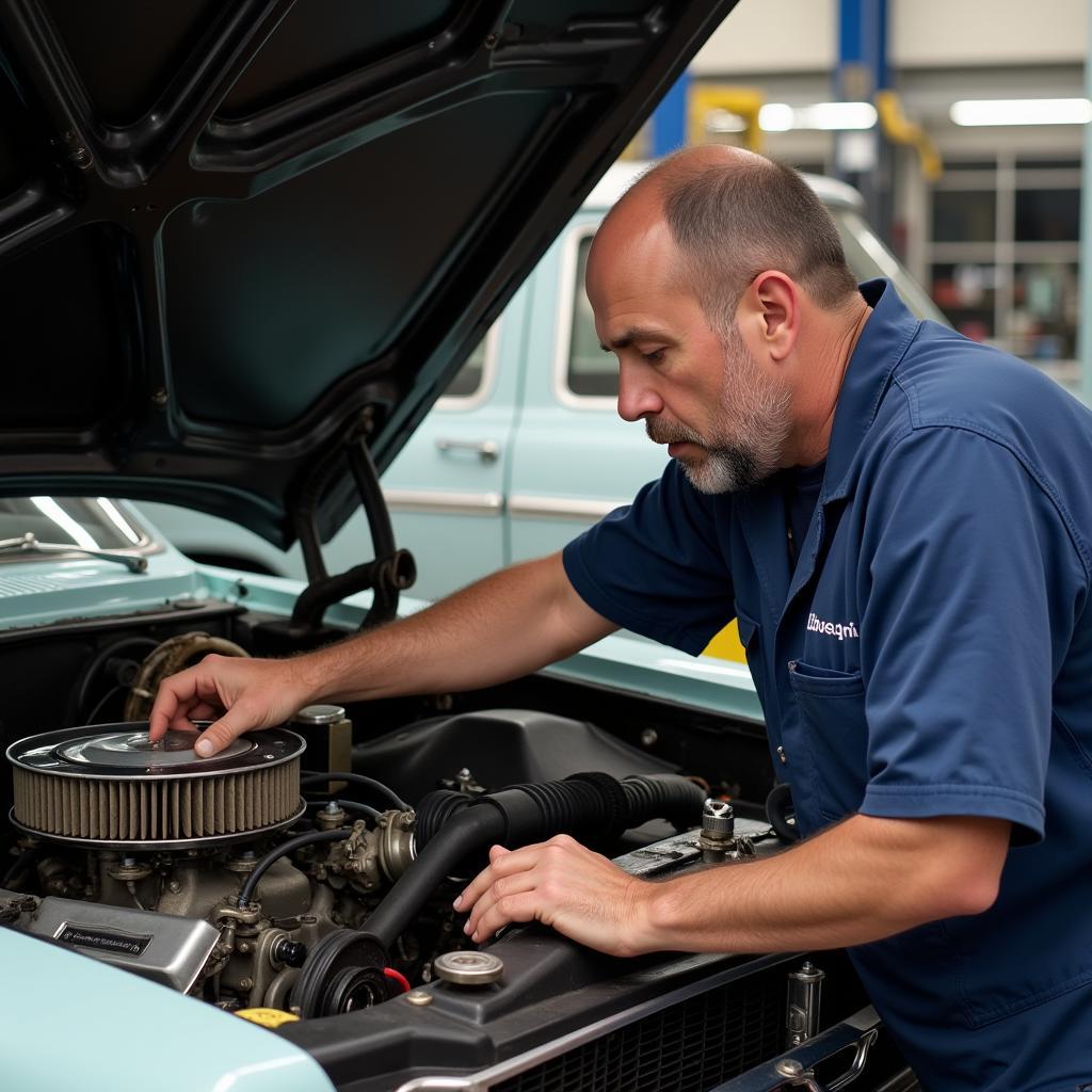 Mechanic Working on Classic Car Engine