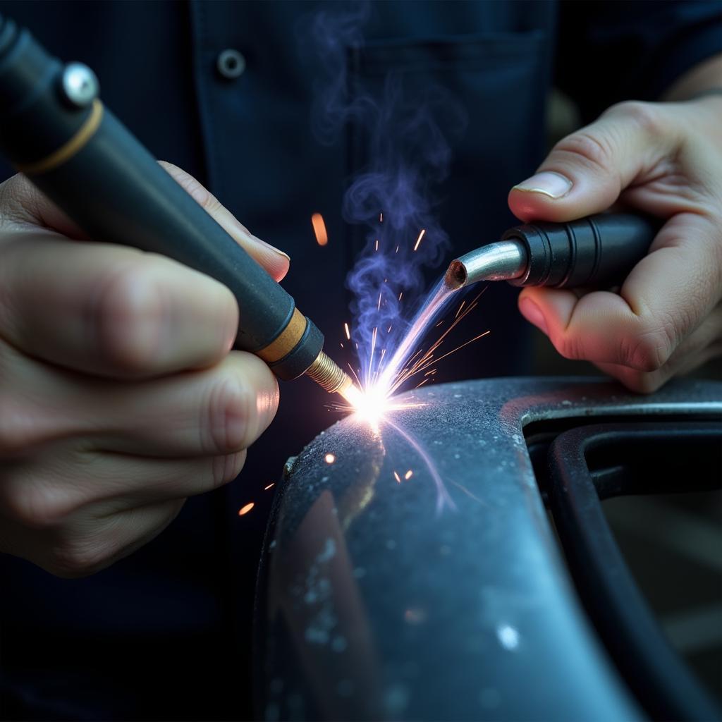 MIG Brazing in Action on a Damaged Car Panel