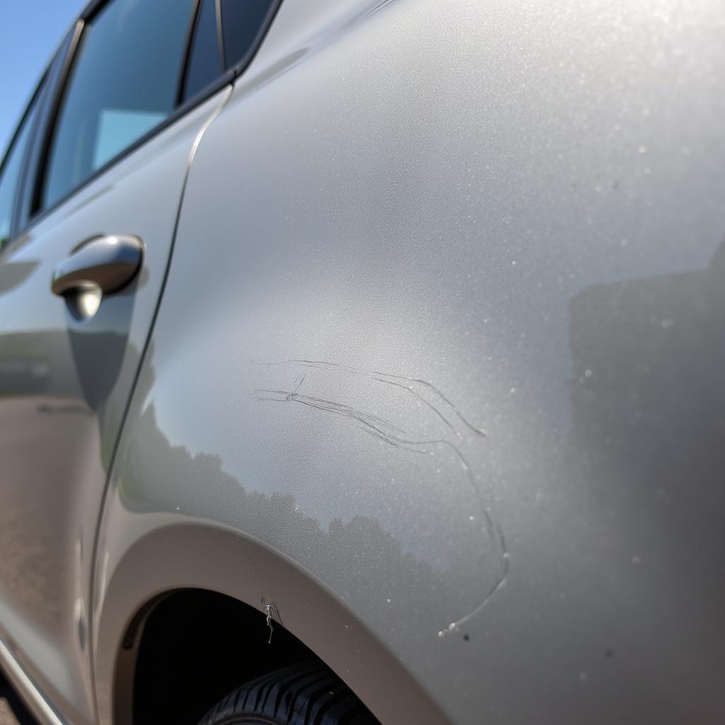 Close-up of minor scratch damage on car paint