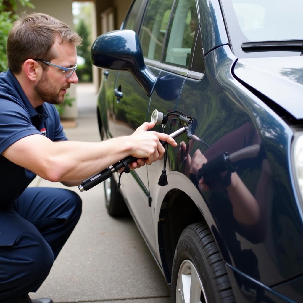 Mobile Car Body Repair Technician Working Onsite