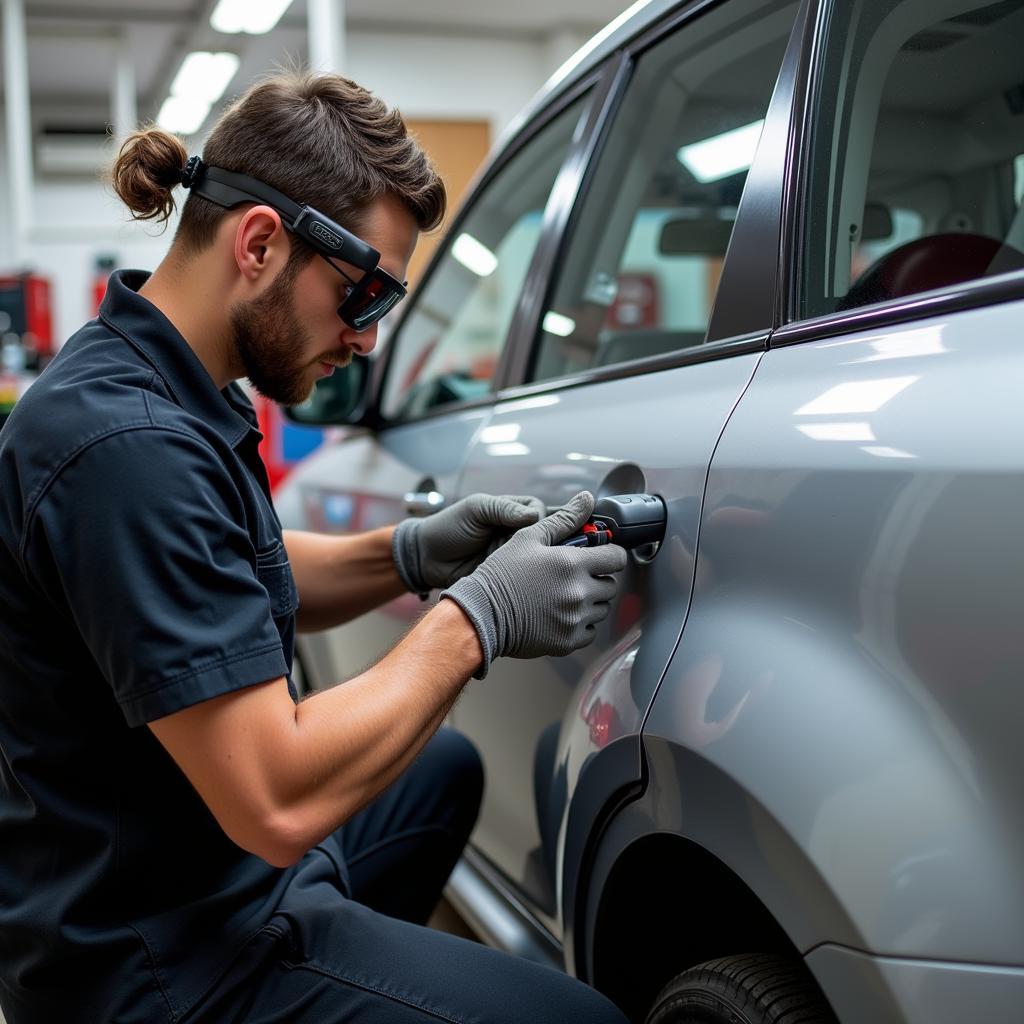 Mobile Car Body Repair Technician Working on a Dent