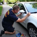 Mobile Car Body Repair Technician Working on a Dent