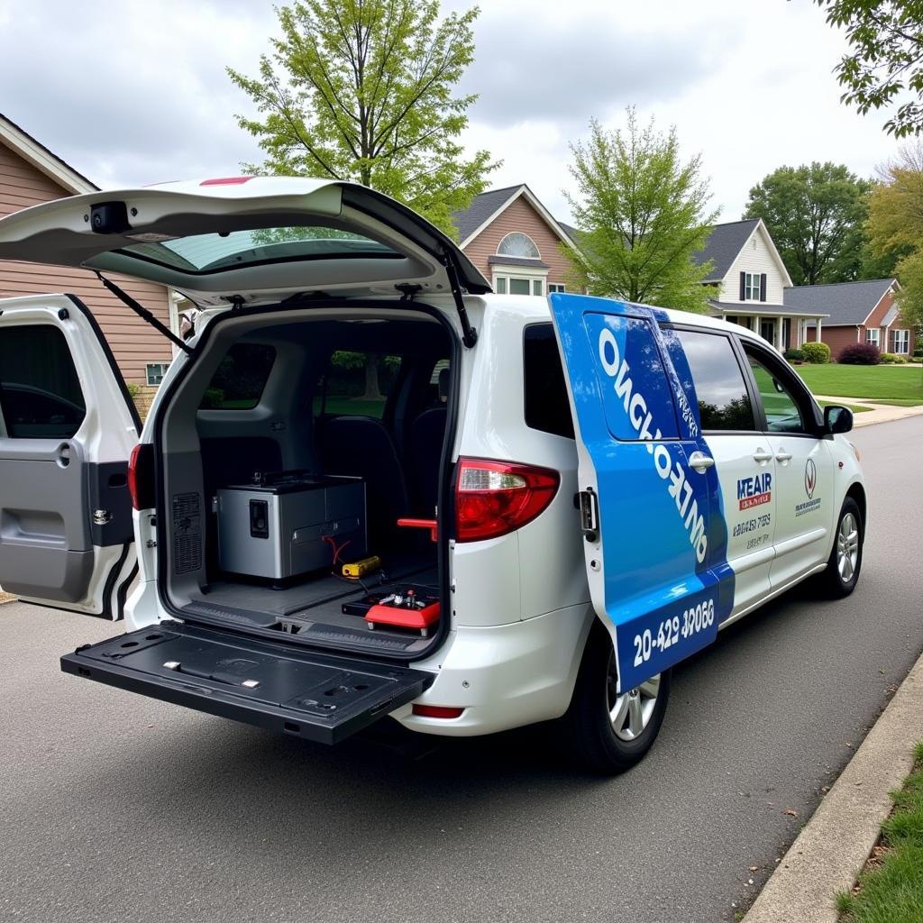 Mobile car diagnostic van parked in a driveway for onsite service