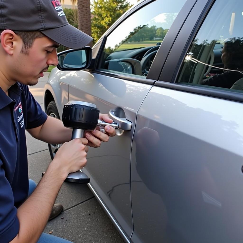 Mobile Car Paint Dent Repair Technician at Work