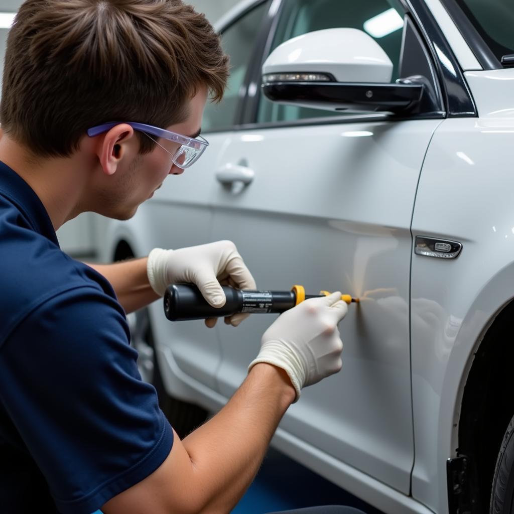 Mobile Car Paint Repair Technician Working on a Car