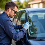 Mobile car window repair technician working on a windshield chip in Corona, California