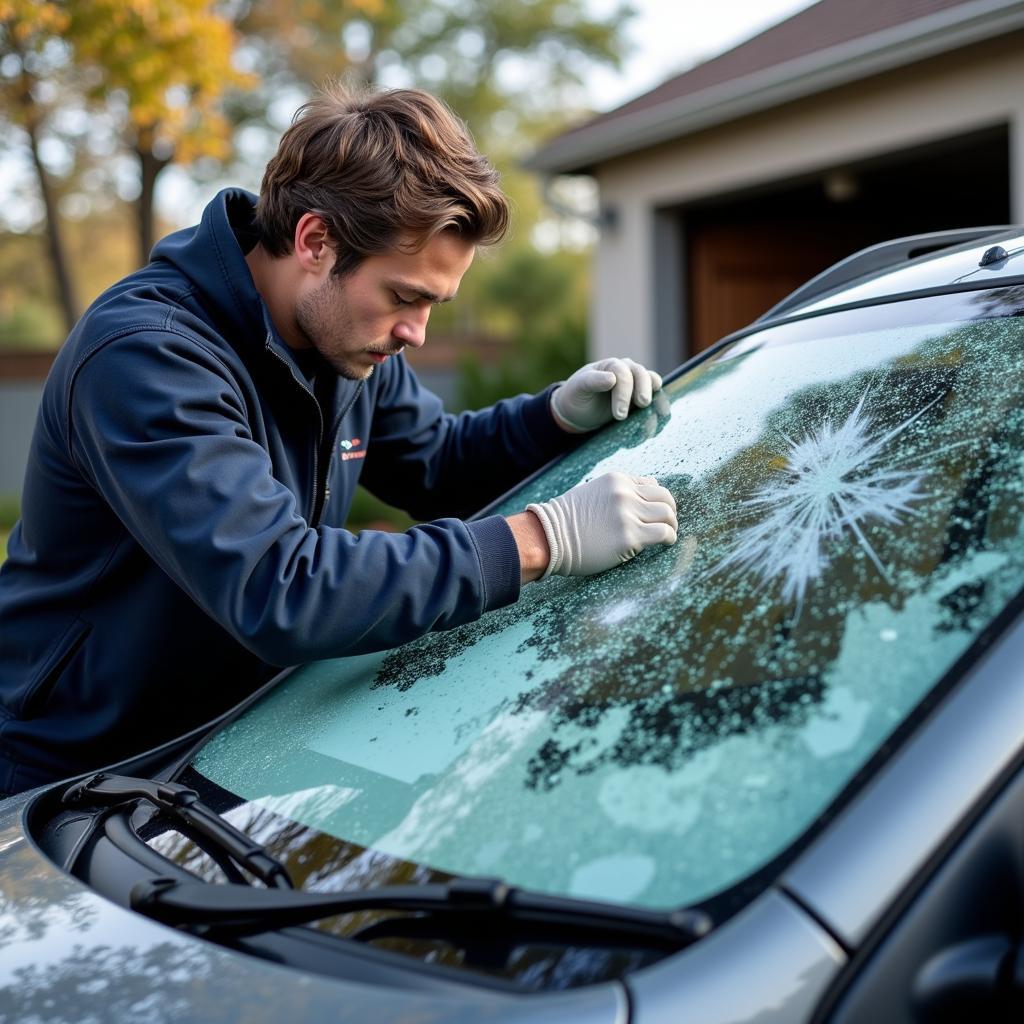 Mobile car window repair technician working on a damaged windshield