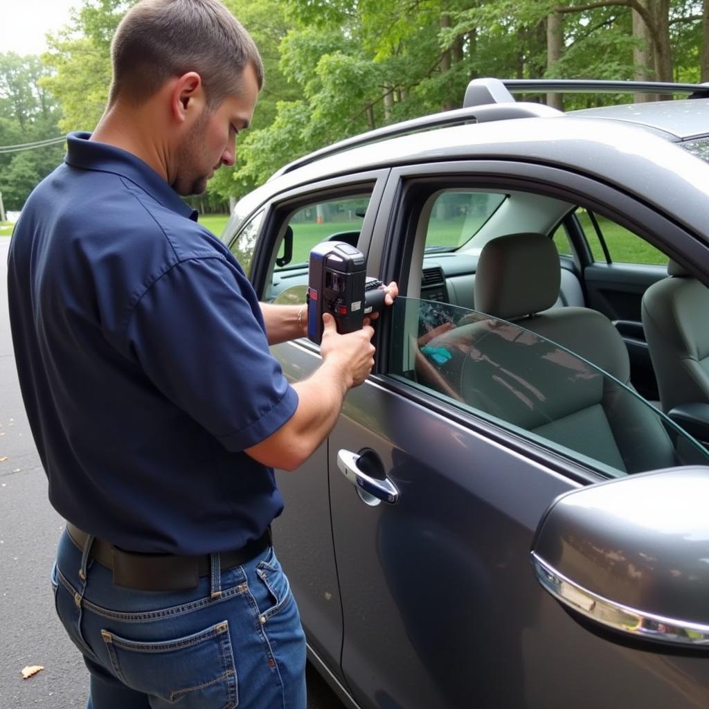 Mobile Car Window Repair Technician Working Onsite